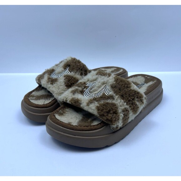 True Religion Shoes - True Religion Women's Lamia Fuzzy Platform Slides Slippers Brown Cow Print Sz 8